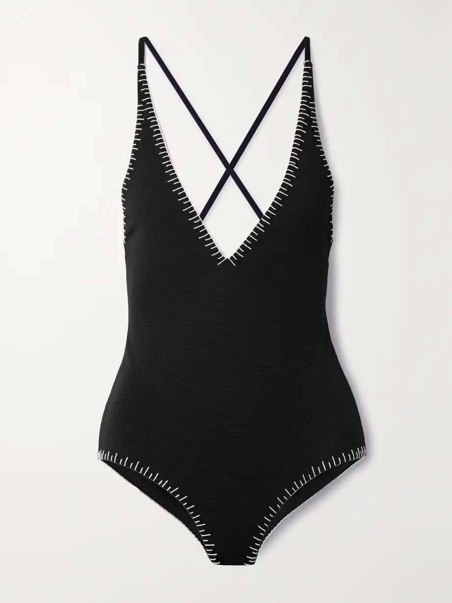 Marysia - Sole Embroidered Seersucker Swimsuit - Black Cover