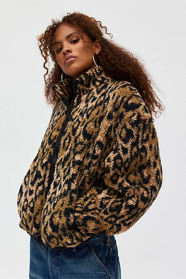 BDG Olive Fleece Zip-Up Jacket in Leopard Print Cover