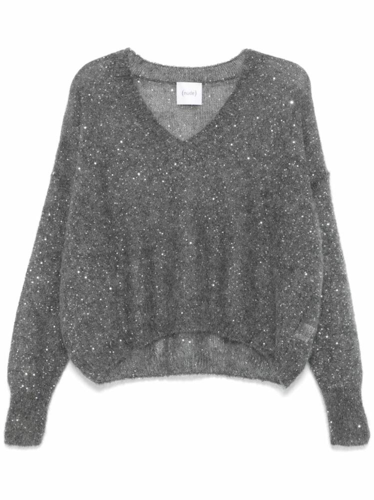 Nude sequin-embellished V-neck sweater - Grey Cover