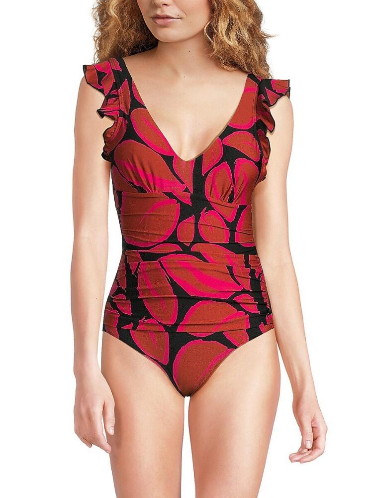 DKNY Women's One-Piece Ruched Ruffle Trim Swimsuit - Retro Red Cover