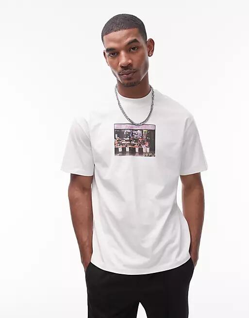 Topman extreme oversized fit t-shirt with photographic shop print in ecru-White Cover