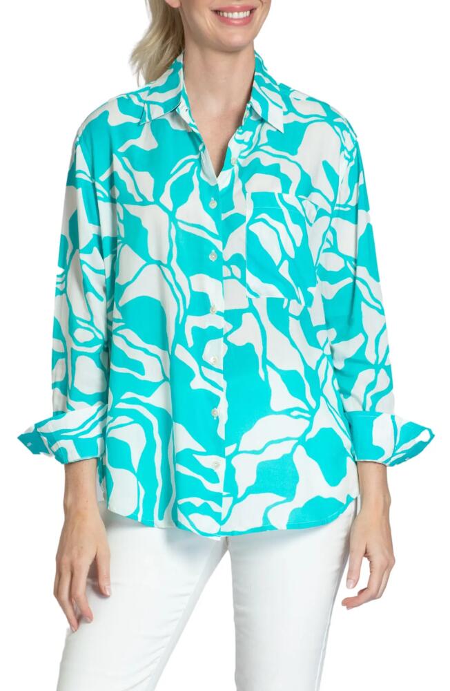 APNY Print Cotton Button-Up Shirt in Aqua Cover