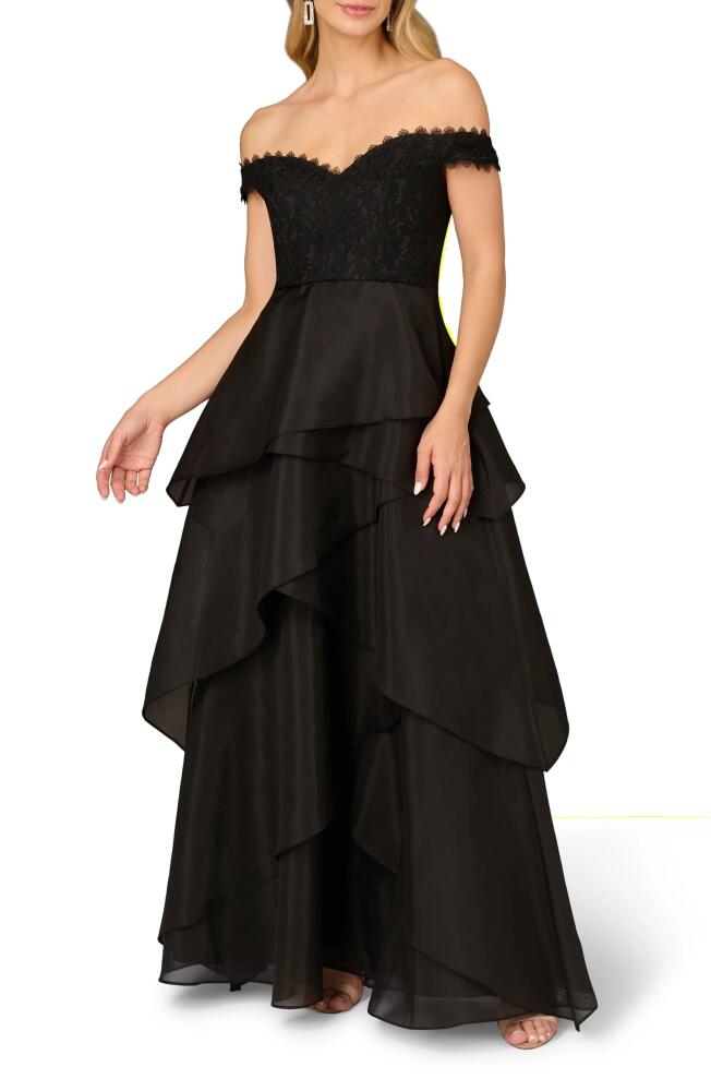 Aidan Mattox by Adrianna Papell Lace & Organza Off the Shoulder Ballgown in Black Cover