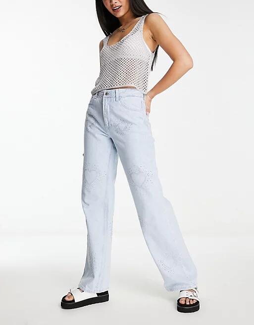 Bershka diamante heart wide leg jeans in bleach wash-Blue Cover