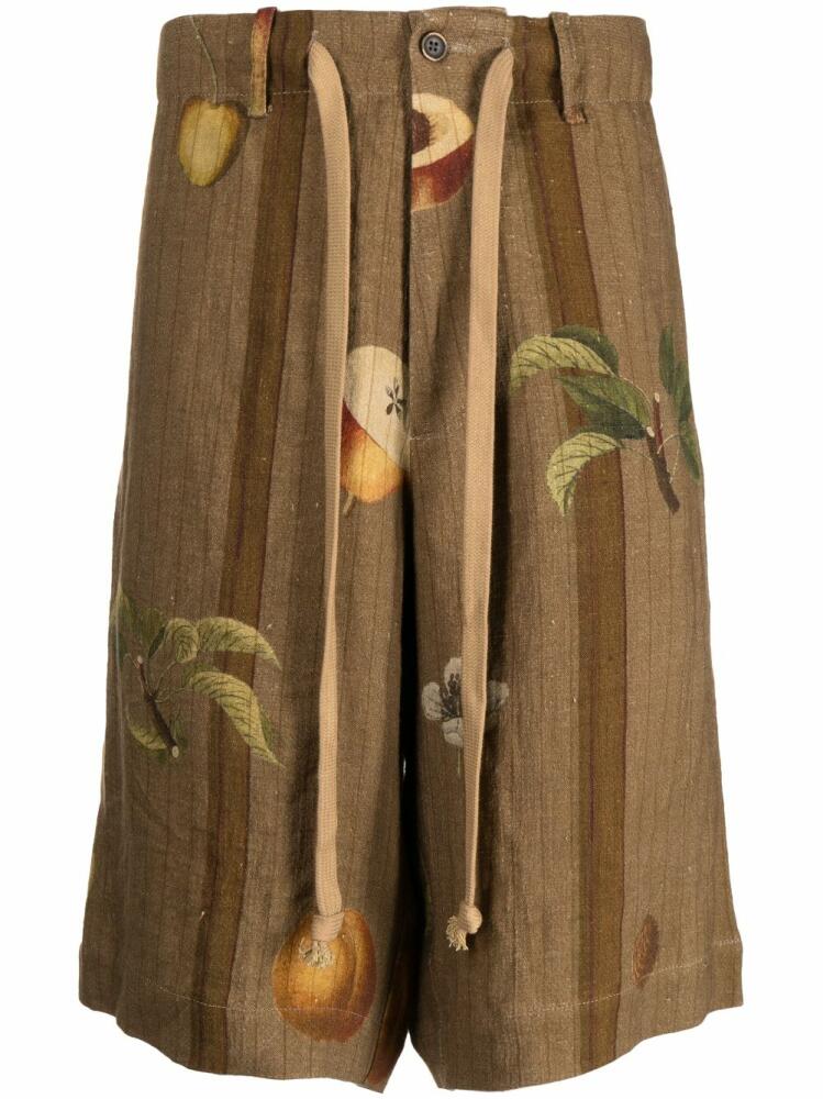 Uma Wang fruit-print linen shorts - Brown Cover