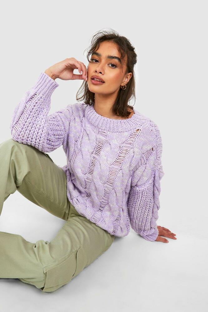 boohoo Womens Marl Distressed Cable Oversized Sweater - Purple Cover