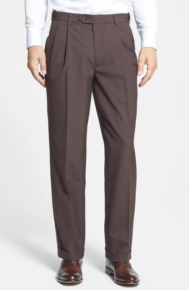 Berle Self Sizer Waist Plain Weave Flat Front Washable Trousers in Brown Cover