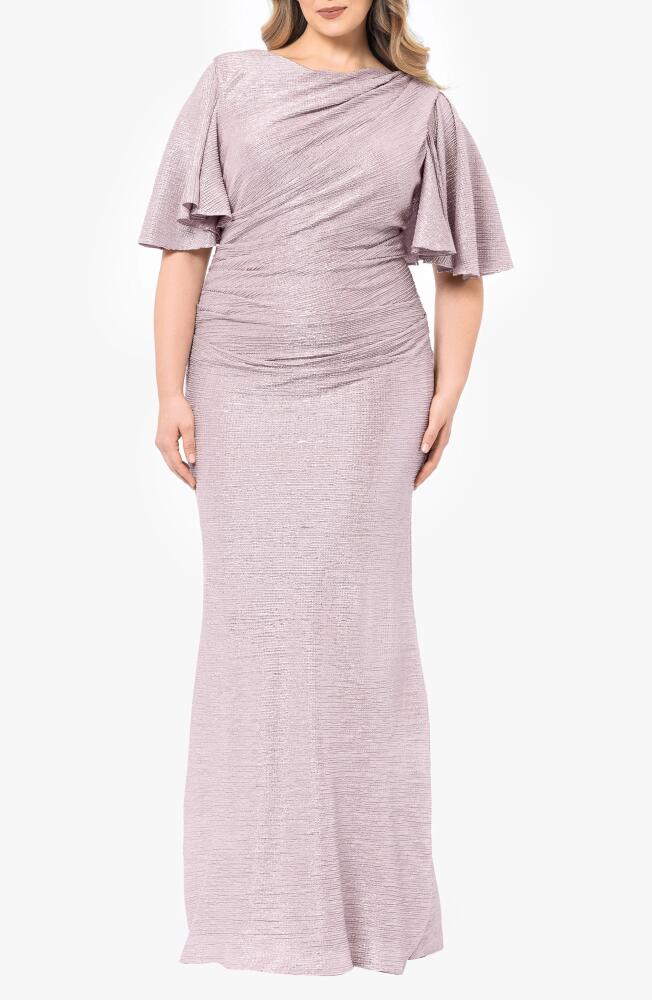 Betsy & Adam Metallic Flutter Sleeve Gown in Blush/Silver Cover