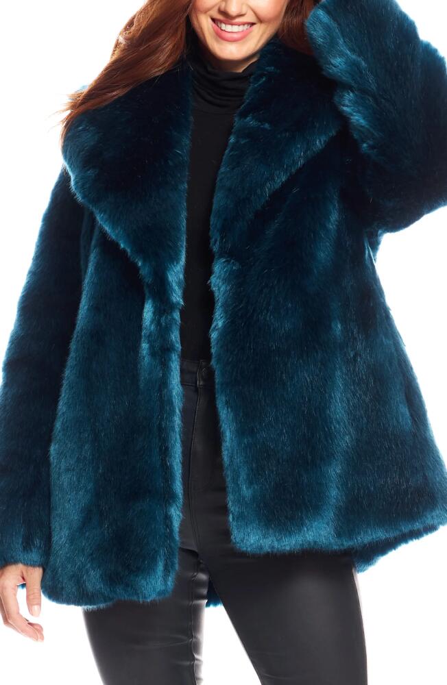 DONNA SALYERS FABULOUS FURS Notch Collar Faux Fur Coat in Sapphire Cover