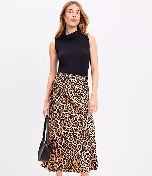 Loft Petite Leopard Print Bias Midi Skirt Cover