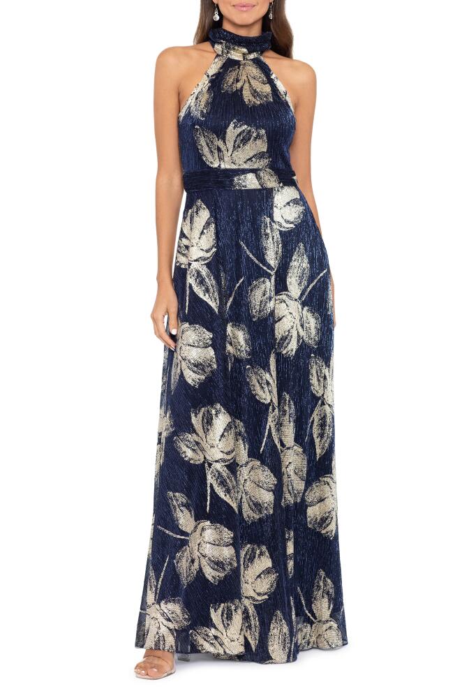 Betsy & Adam Foil Print Sleeveless Gown in Navy/Gold Cover