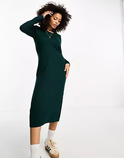 Vila round neck jersey midi sweater dress in dark green Cover