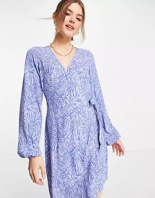 Envii mini wrap dress with balloon sleeves in blue tonal zebra Cover