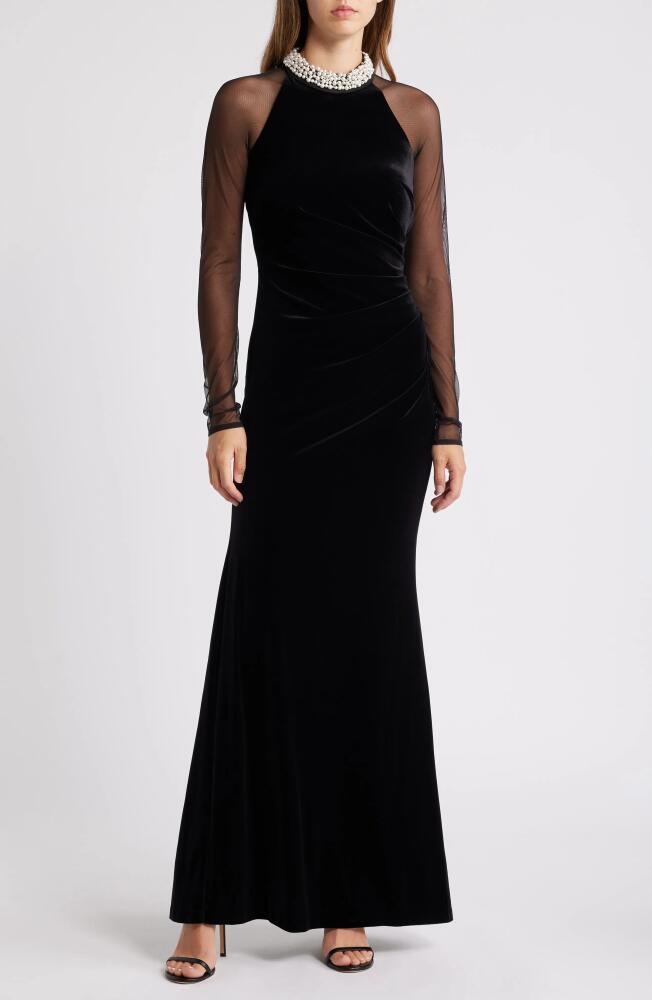 Eliza J Embellished Ruched Long Sleeve Velvet Gown in Black Cover