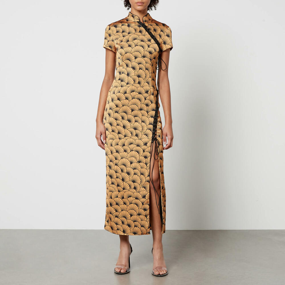 De La Vali Trapeze Printed Satin Midi Dress Cover