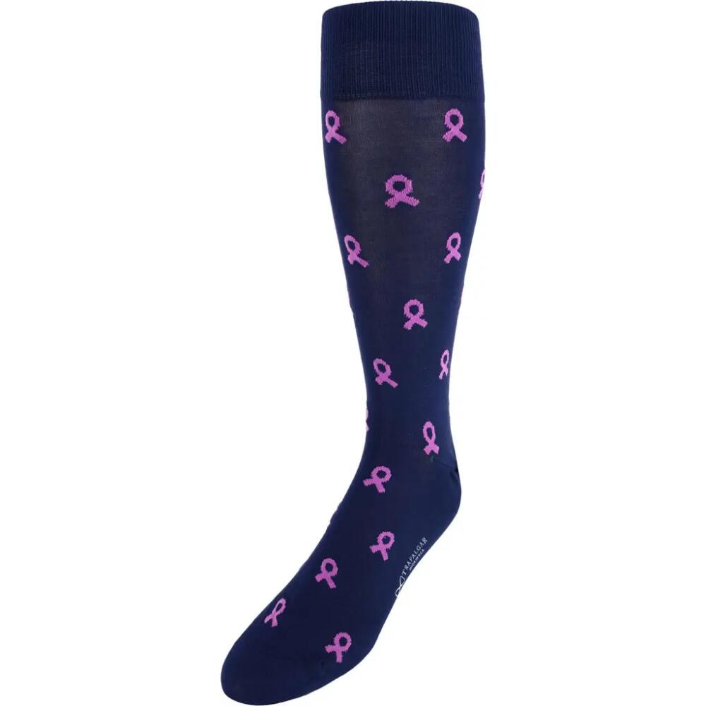 Trafalgar Breast Cancer Awareness Mid-Calf Mercerized Cotton Socks in Navy With Pink Ribbons Cover