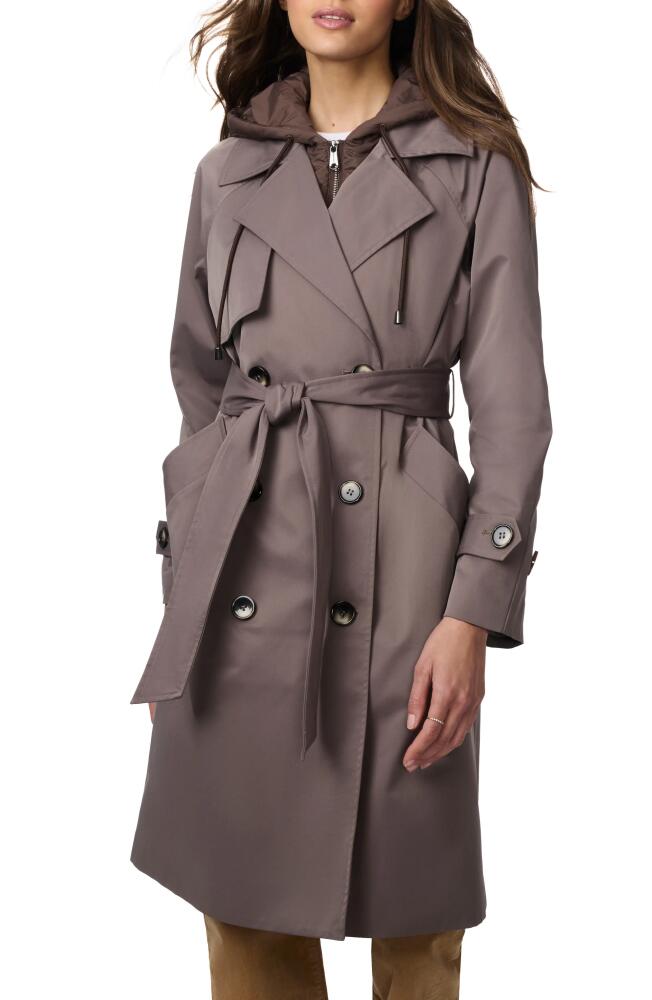 Bernardo Tie Belt Recycled Polyester Trench Coat with Removable Hooded Zip Bib in Dark Oak Cover