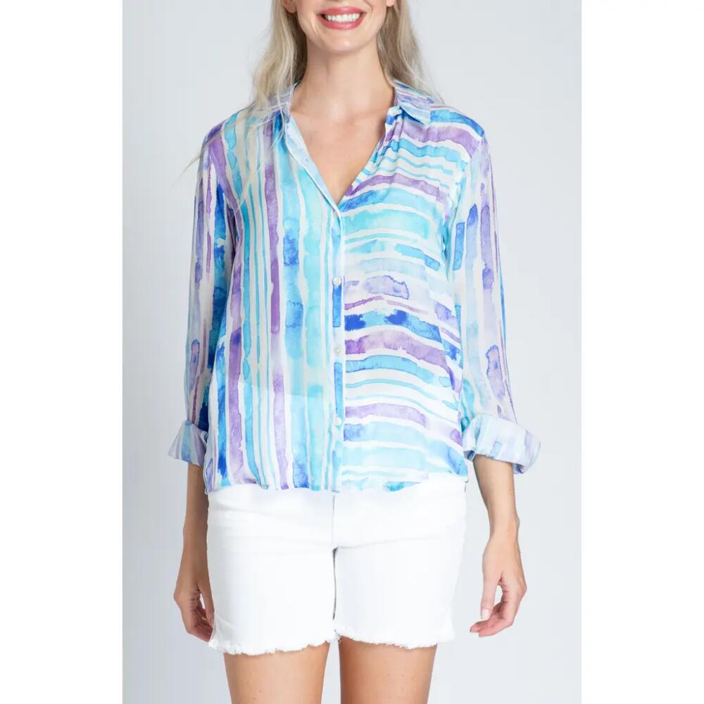 APNY Print Roll-Up Sleeve Chiffon Button-Up Shirt in Purple Multi Cover