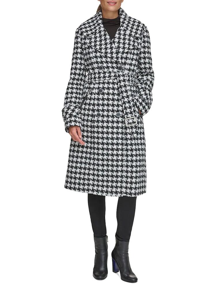 Guess Women's Double Breasted Belted Wool Blend Coat - Black White Cover