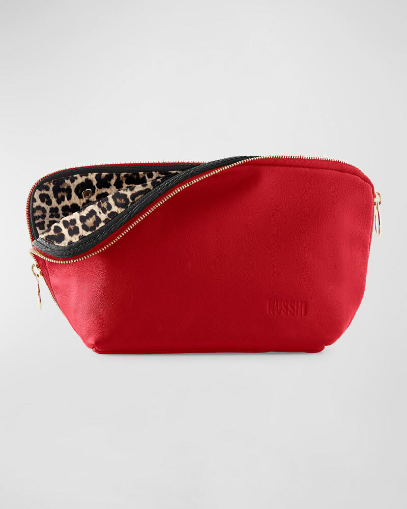 KUSSHI Signature Leather Makeup Bag, Red/Leopard Cover