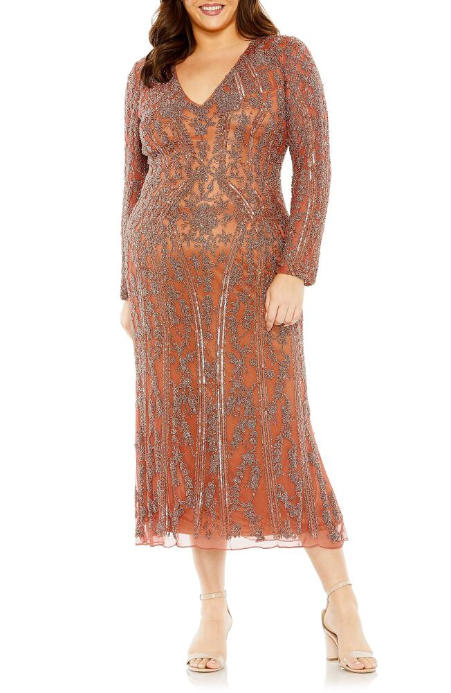 FABULOUSS BY MAC DUGGAL Embellished Long Sleeve Midi Cocktail Dress in Rosewood Cover