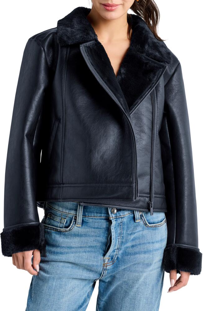 Splendid Faux Leather & Faux Shearling Moto Jacket in Navy Cover