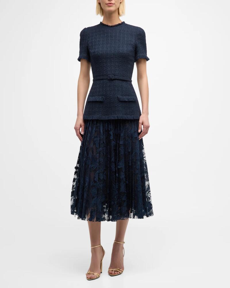 Oscar de la Renta Short-Sleeve Tweed And Guipure Skirt Midi Dress With Self Belt Cover