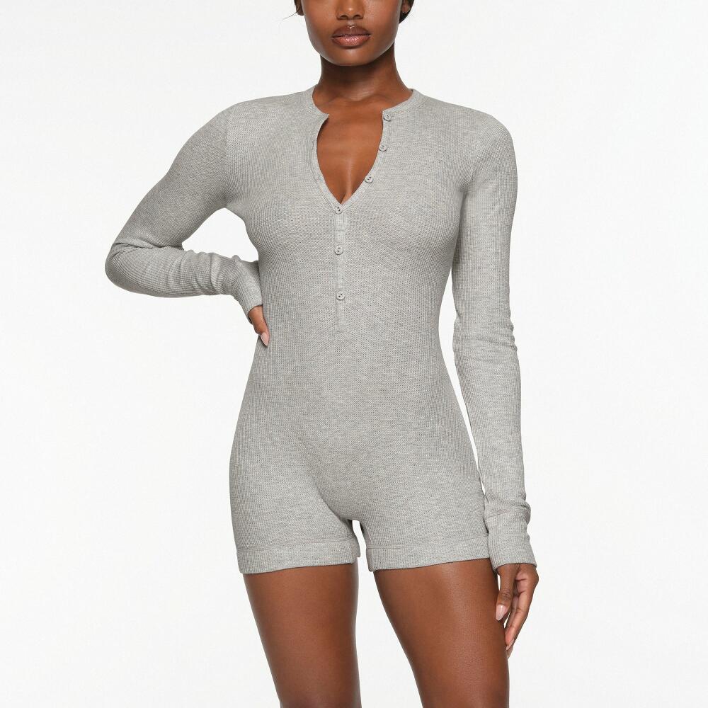 SKIMS Button Up Henley Onesie (Bodysuit) | Grey | Medium | Waffle Cover