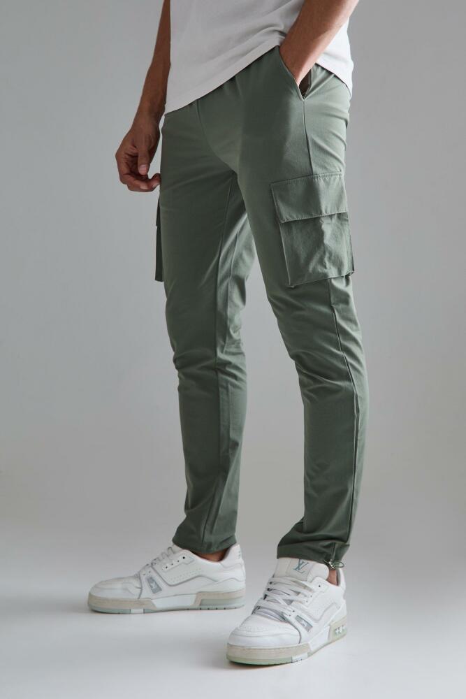 Mens Elasticated Technical Stretch Skinny Cargo Pants - Green Cover