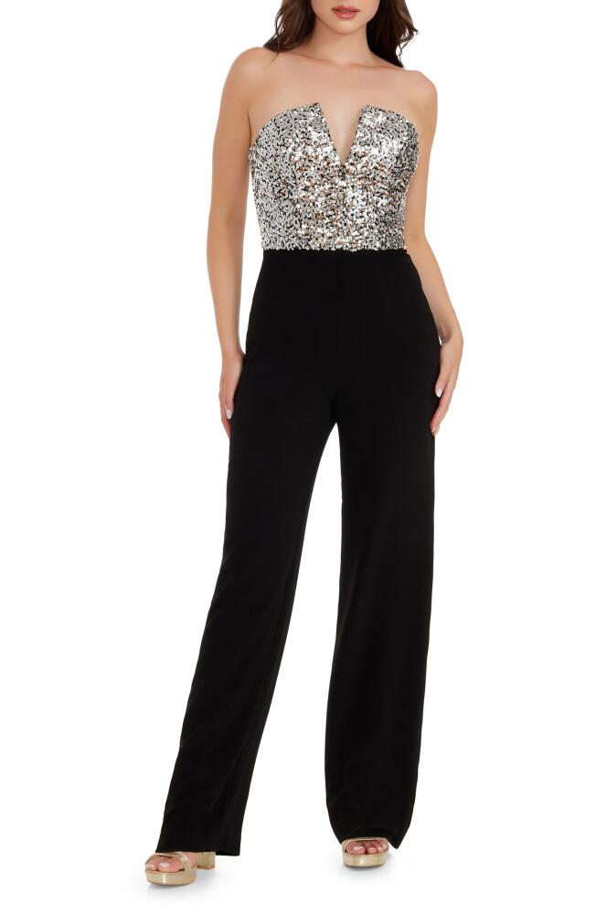 Dress the Population Fernanda Sequin Bodice Strapless Jumpsuit in Silver-Black Cover