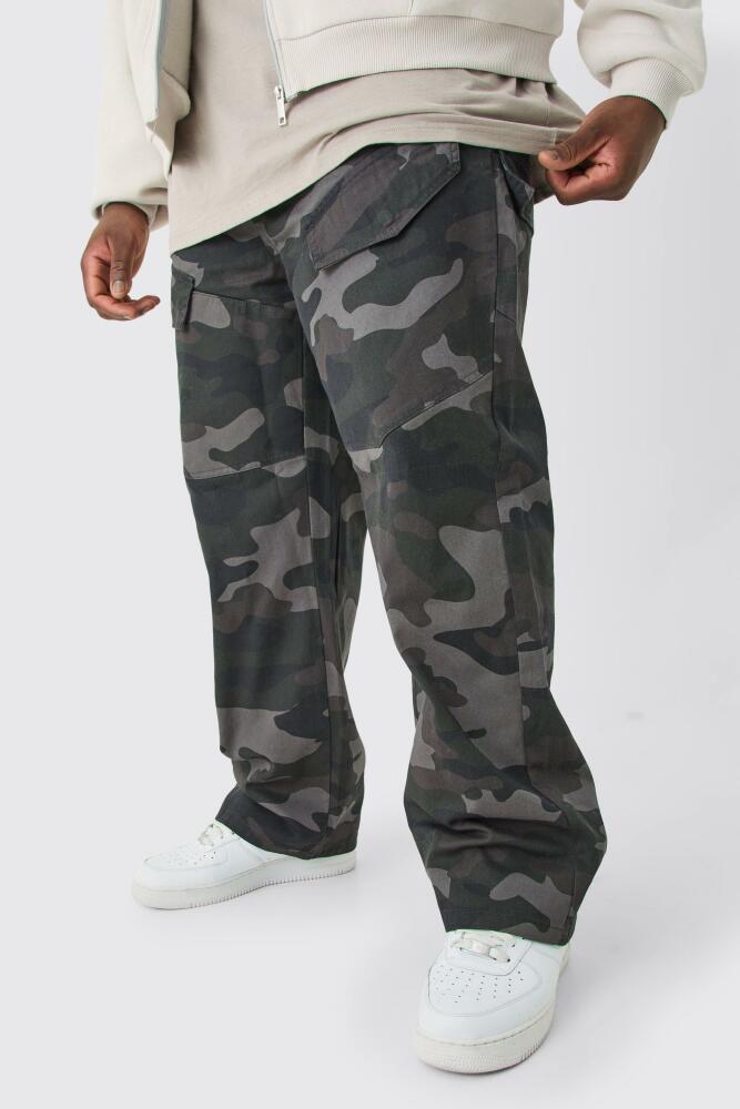 boohoo Mens Plus Fixed Waist Relaxed Asymetric Camo Cargo Twill Pants - Multi Cover