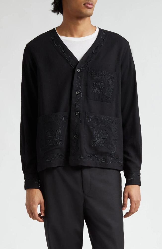 Bode Dumas Embroidered V-Neck Wool Button-Up Overshirt in Black Cover