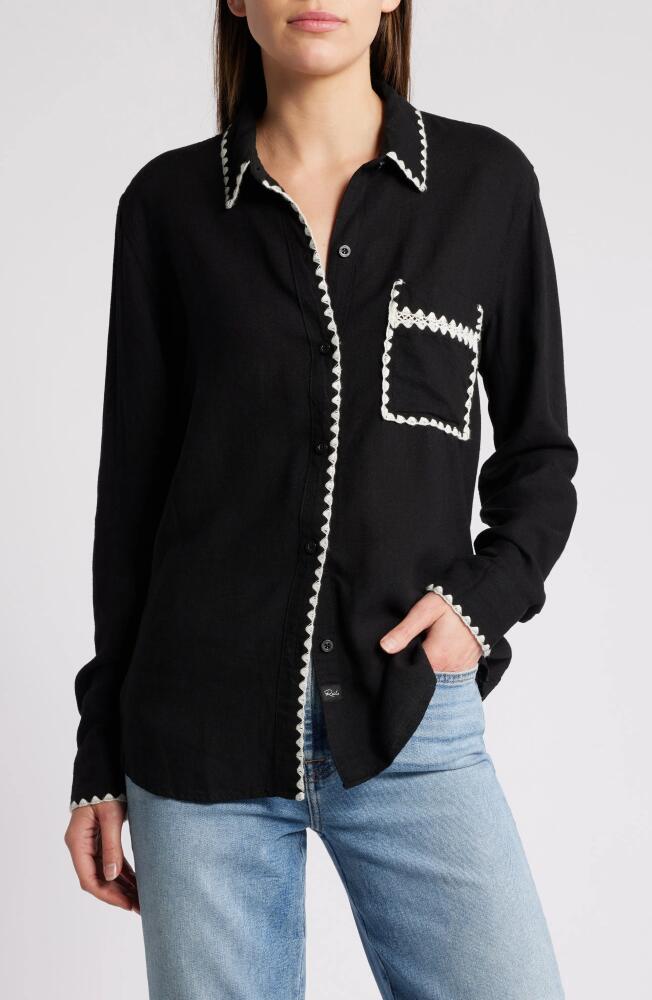 Rails Charli Embroidered Edge Button-Up Shirt in Black Blanket Stitch Cover