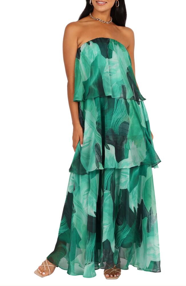 Petal & Pup Bloom Strapless Tiered Chiffon Maxi Dress in Green Floral Cover