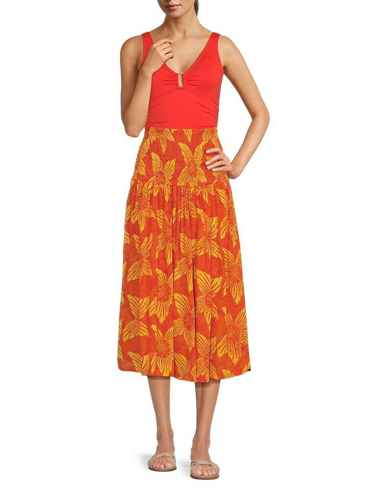 Tiare Hawaii Women's Havana Floral Smocked Waist Midi Cover Up Skirt - Sunflower Cover