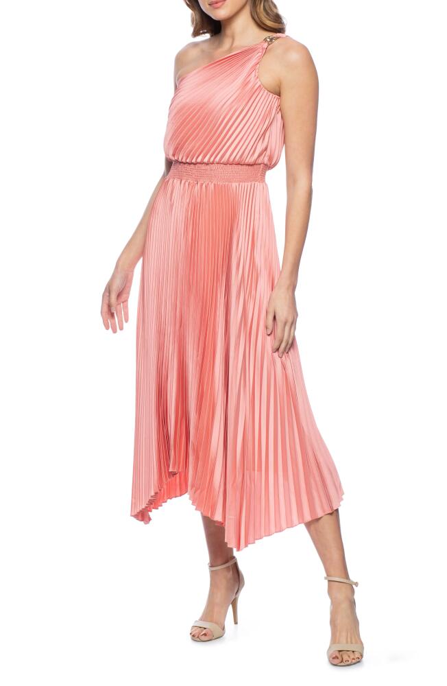 Marina Pleated One-Shoulder Handkerchief Hem Cocktail Dress in Coral Cover