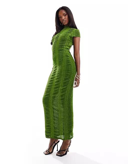 ASOS DESIGN ribbed glitter cap sleeve midi bodycon dress in mid green Cover