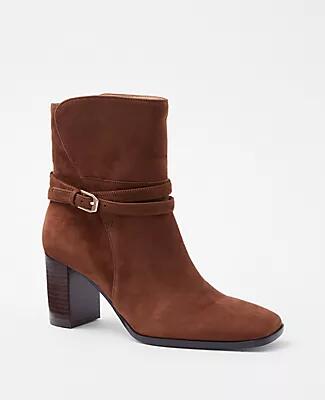 Ann Taylor Wraparound Buckle High Block Heel Suede Boots Cover