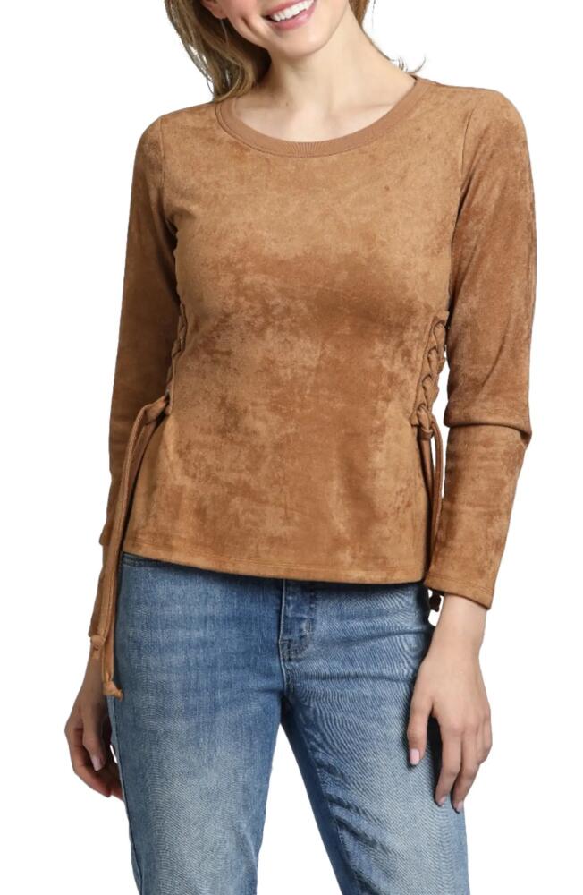 APNY Faux Suede Lace Up Long Sleeve T-Shirt in Cognac Cover