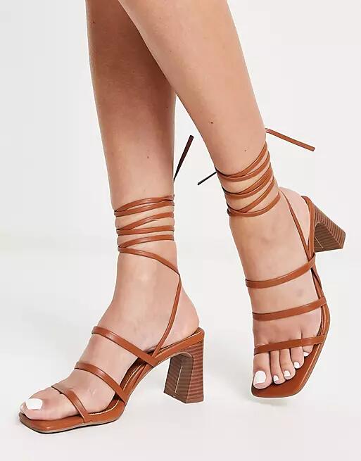 ASOS DESIGN Hidden strappy tie leg mid heeled sandals in tan-Brown Cover