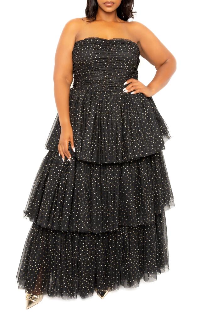 BUXOM COUTURE Metallic Polka Dot Strapless Tiered Tulle Dress in Black Cover