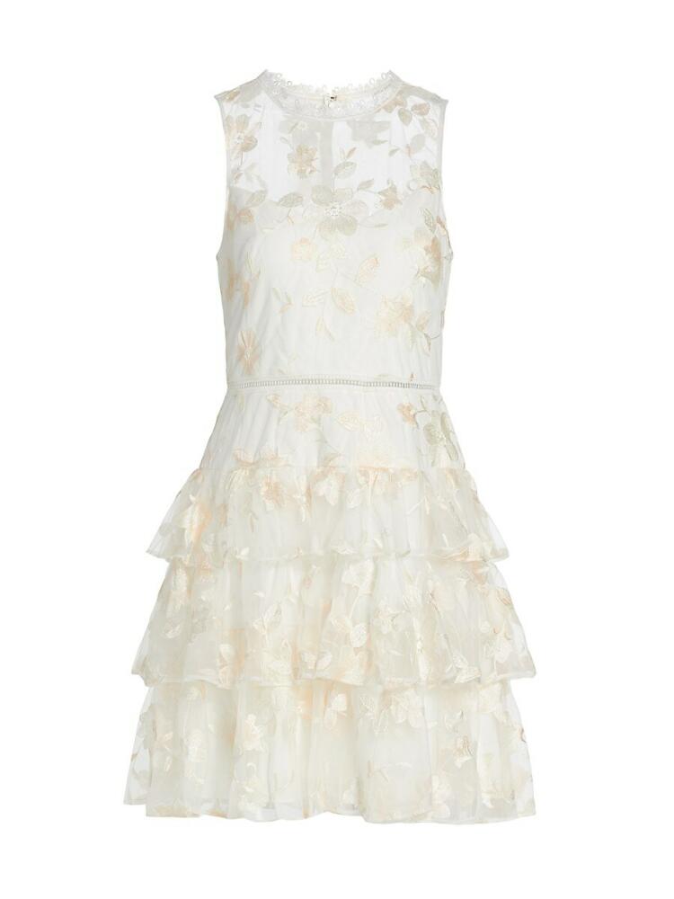 ML Monique Lhuillier Women's Floral-Embroidery Tiered Cocktail Dress - Ivory Multi Cover