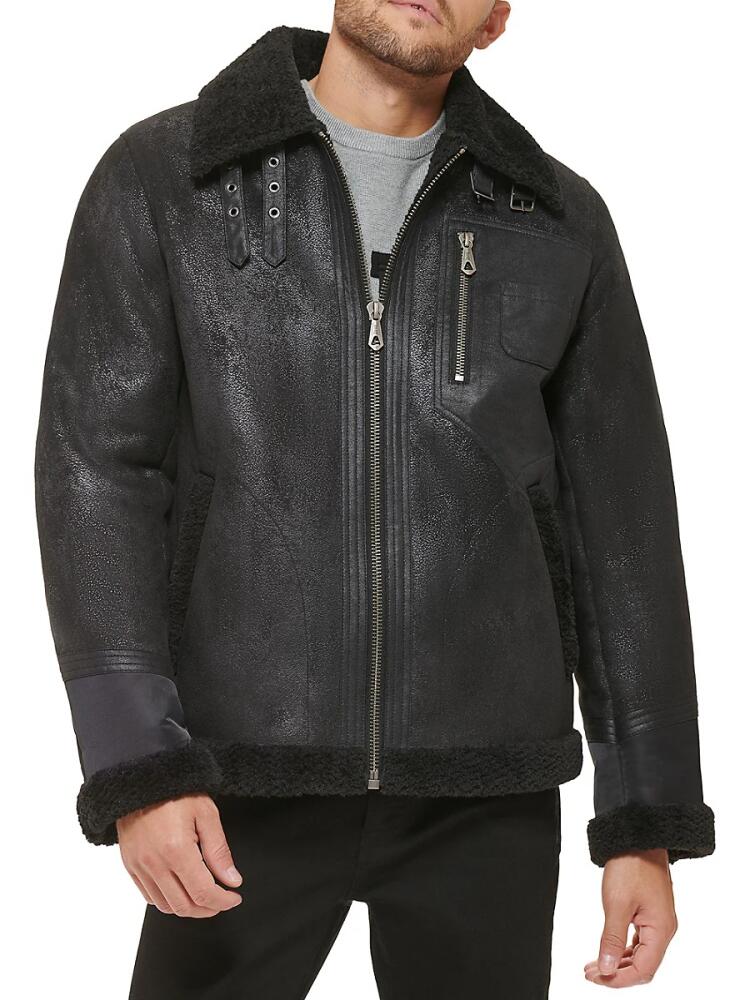 DKNY Men's Classic Fit Faux Shearling Mix Media Moto Jacket - Black Cover