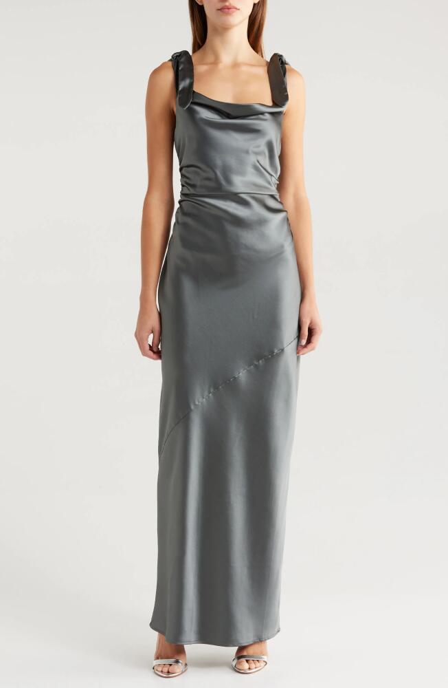 Petal & Pup Selma One-Shoulder Satin Gown in Steel Gray Cover