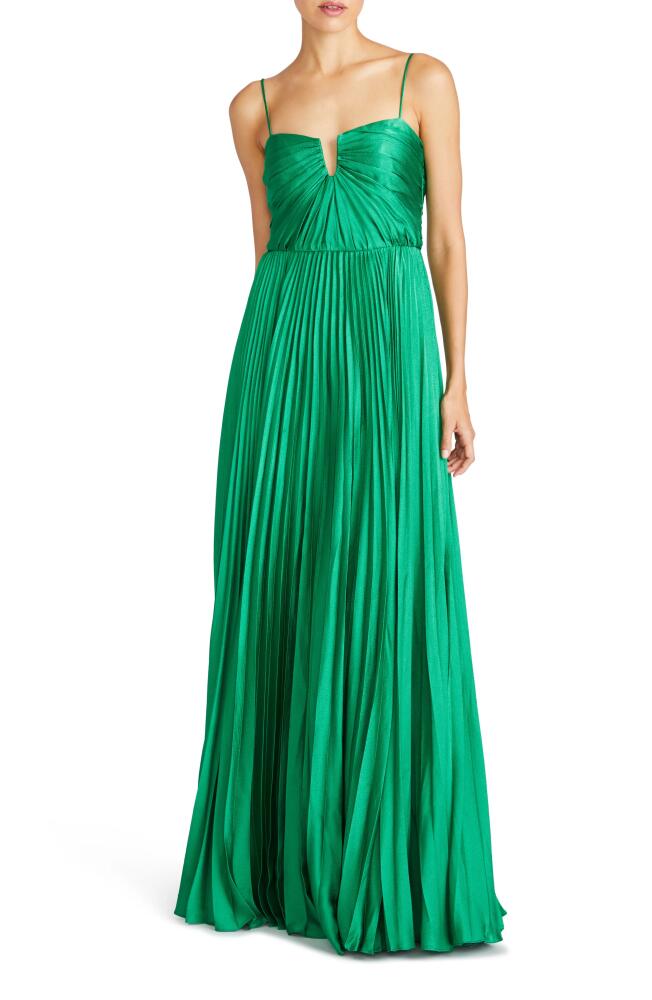 ML Monique Lhuillier Helena Pleated Satin Gown in Clover Green Cover