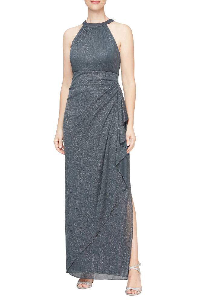 Alex Evenings Halter Glitter Formal Gown in Smoke Cover