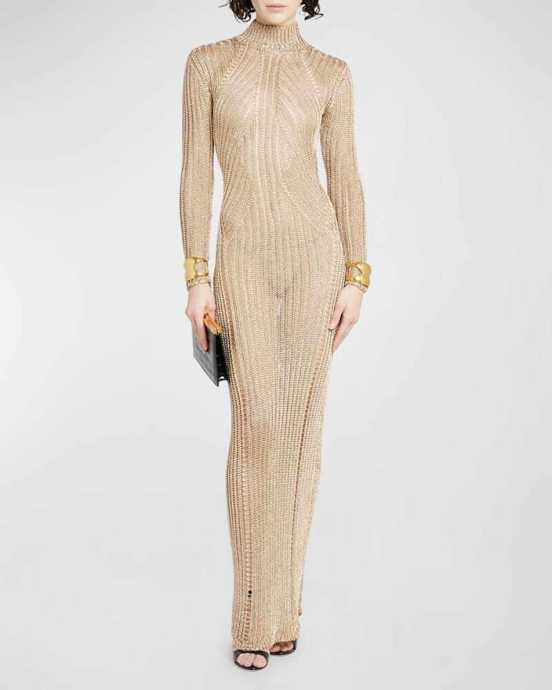 TOM FORD Metallic Knit Turtleneck Long-Sleeve Open-Back Maxi Gown Cover