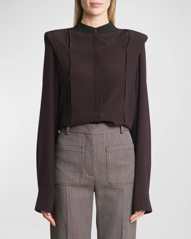 Victoria Beckham Contrast-Collar Strong-Shoulder Silk Blouse Cover