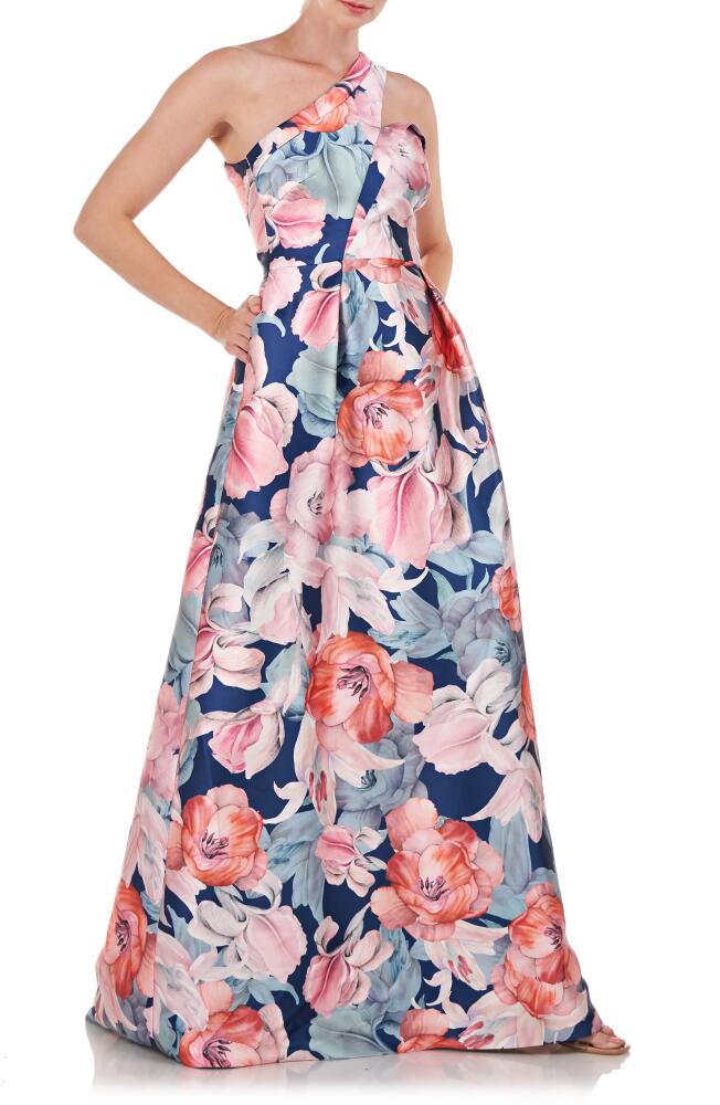 Kay Unger Senna Floral One-Shoulder Gown in Marine Blue Cover