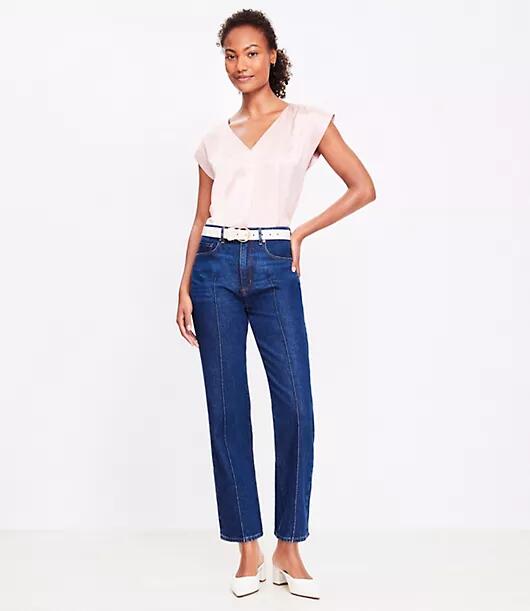 Loft Petite Pintucked High Rise Straight Jeans in Refined Dark Indigo Wash Cover